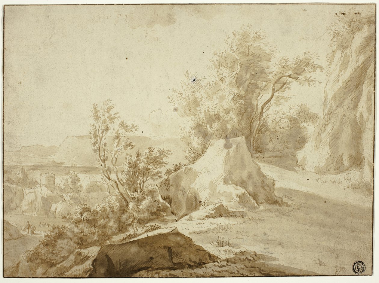 Sziklák és hegyi ösvény, ábrák és város lent alkotó: Bartholomeus Breenbergh