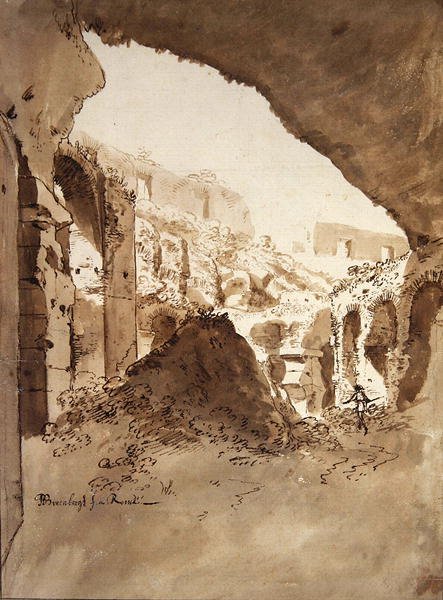Kilátás a Colosseum belsejébe (fekete kréta, toll és barna mosás papíron) alkotó: Bartholomeus Breenbergh