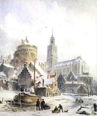Játszó gyerekek a befagyott folyón, Deventer katedrális, Deventeren túl alkotó: Bartholomeus Johannes van Hove