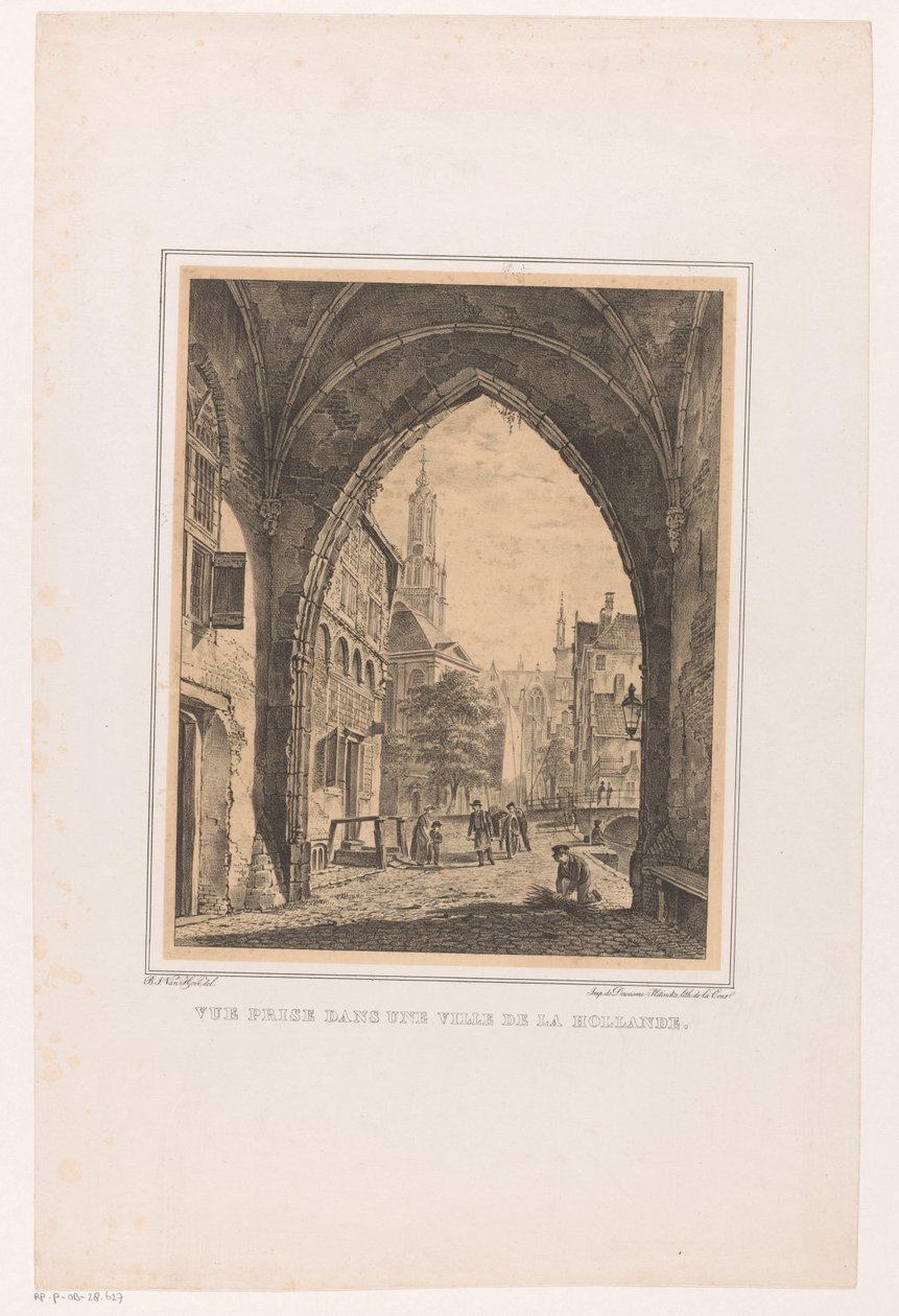 Városkép egy kapu alól Vue díj dans une ville de la Hollande (cím a tárgyon) alkotó: Bartholomeus Johannes van Hove