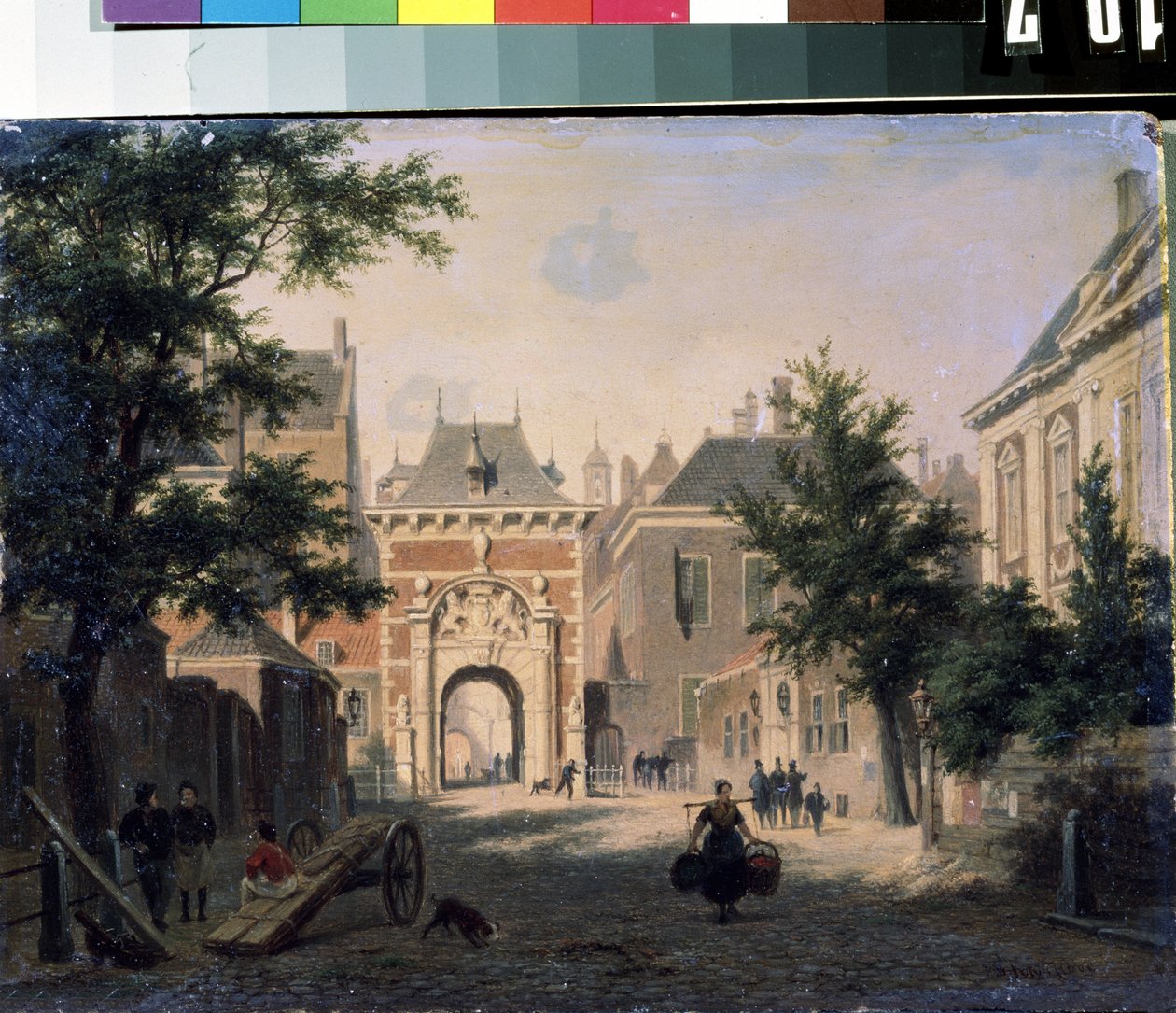 ""Kilátás egy holland városra"" Utcai jelenet, egy háziasszony tér vissza a piacról, a kosarak megpakolva. Bartholomeus Johannes van Hove (1790-1880) festménye 19. századi Mikhail Kroshitsky Művészeti Múzeum, Szevasztopol (Szevasztopol) Ukrajna alkotó: Bartholomeus Johannes van Hove