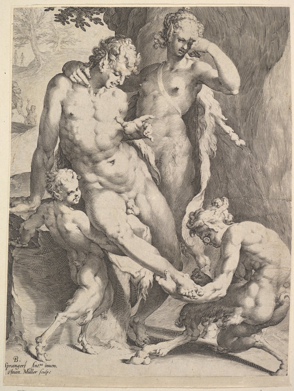 Oreads Tövis eltávolítása Szatír lábáról, 1590 alkotó: Bartholomeus Spranger