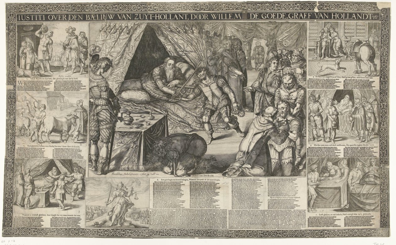 III. Willem gróf ítélete a dél-hollandiai végrehajtóról, 1336 Iustiti over den baeliuw van Zuyt-Hollant, Willem de Goede, van Hollandt gróf stb. (cím a tárgyon) alkotó: Bartholomeus Willemsz. Dolendo (signed by artist)