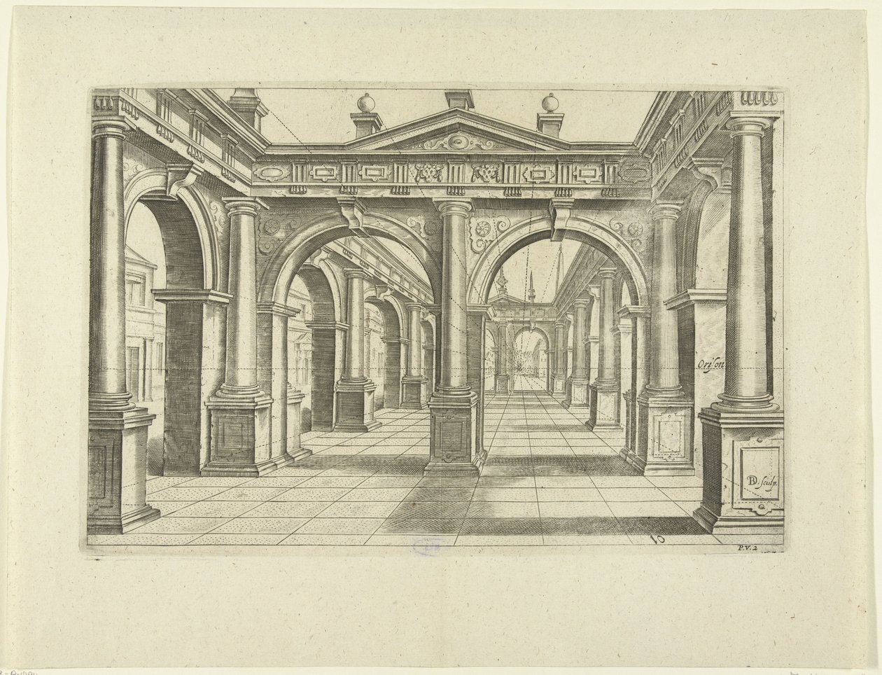 Középen kettős boltíves épület dór stílusban Perspektíva, 2. rész (sorozat címe) alkotó: Bartholomeus Willemsz. Dolendo