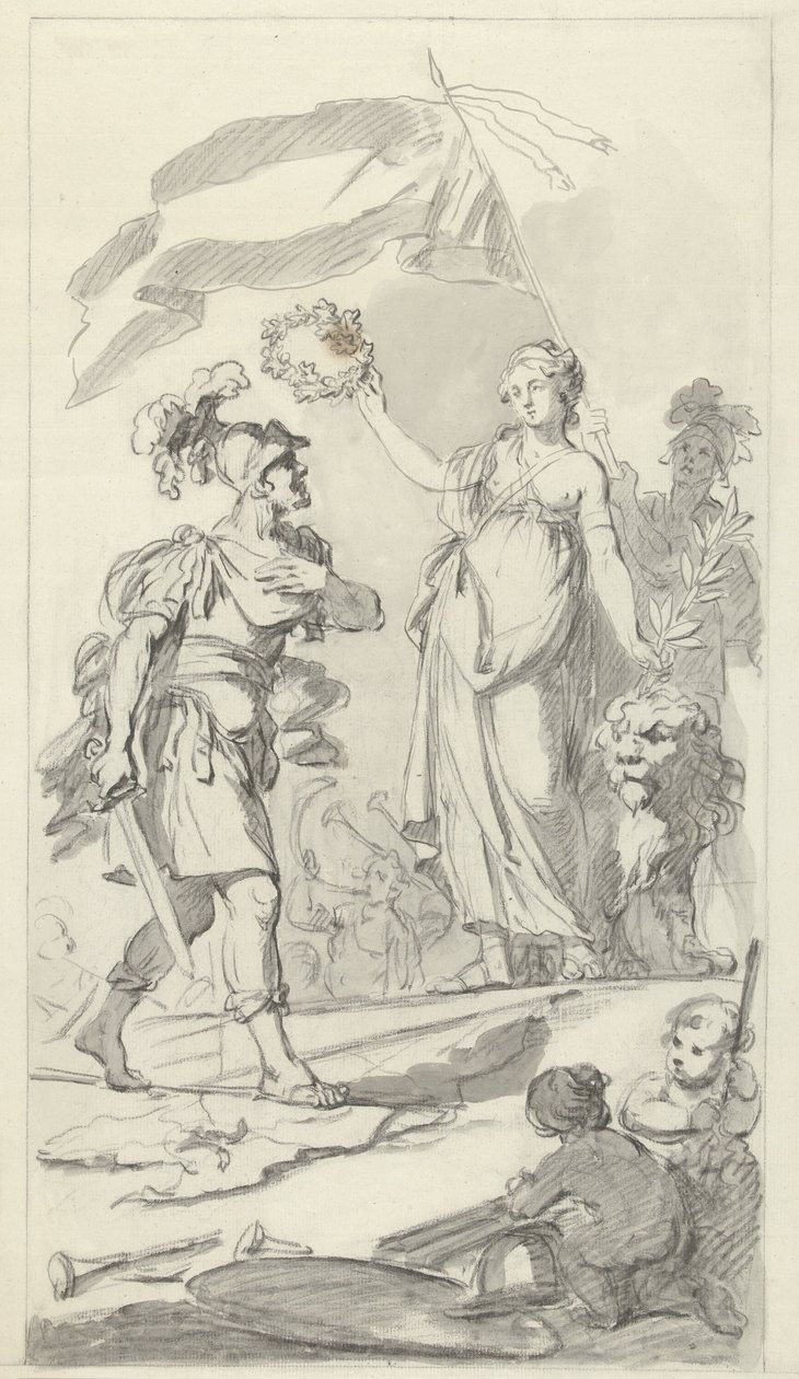 A holland szűz által megkoronázott bátor Batáv, 1799 Az 1799. december 17-i békét ünneplő országos fesztivál emlékművének tervei (sorozat címe) alkotó: Bartholomeus Ziesenis