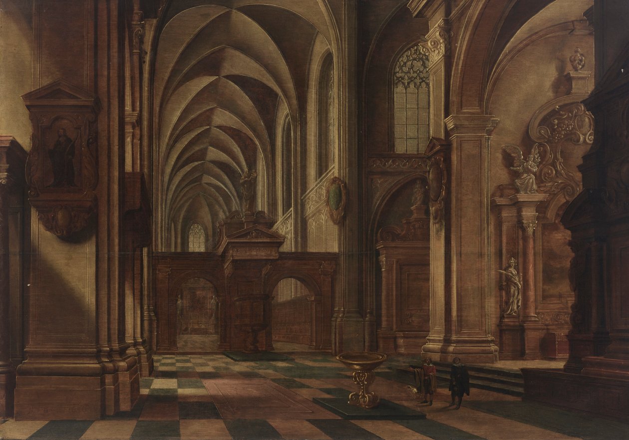 Katolikus templombelső, az előtérben alakokkal és egy kutyával a kútnál alkotó: Bartholomeus van Bassen