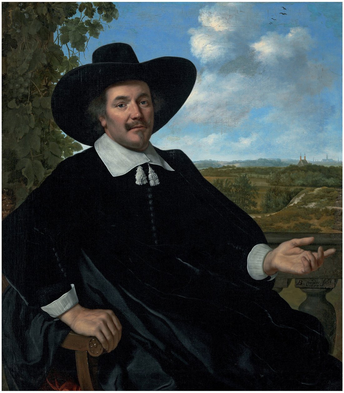 Gabriel Marselis háromnegyedes portréja, ülő helyzetben, korlát előtt, tájkép egy vidéki házzal, mögötte Haarlem távoli látképe. alkotó: Bartholomeus van der Helst