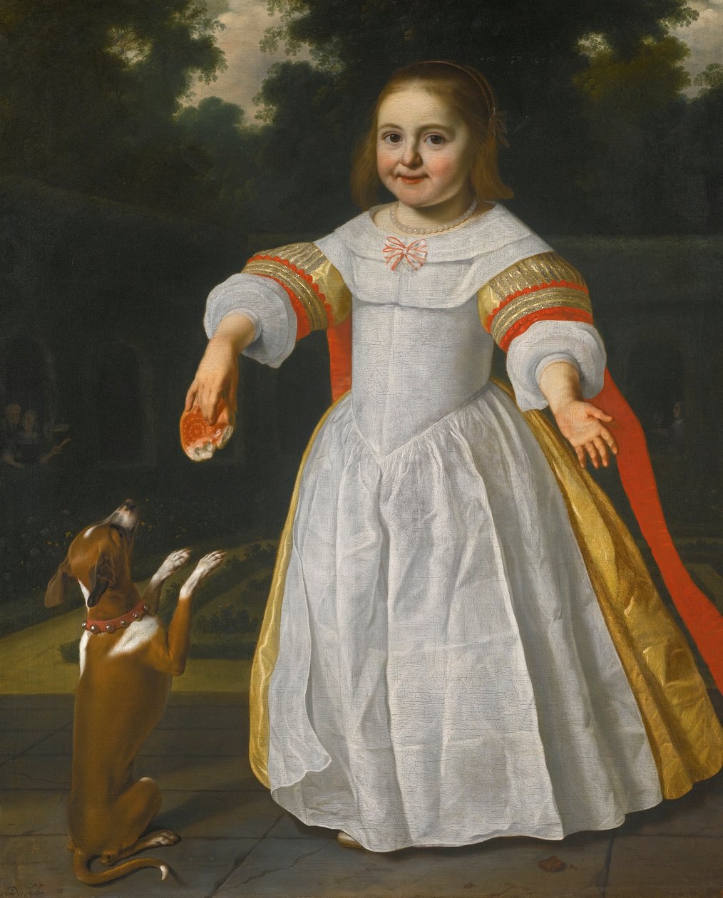 Portré egy lányról egy kenyérsütővel és egy kutyával alkotó: Bartholomeus van der Helst
