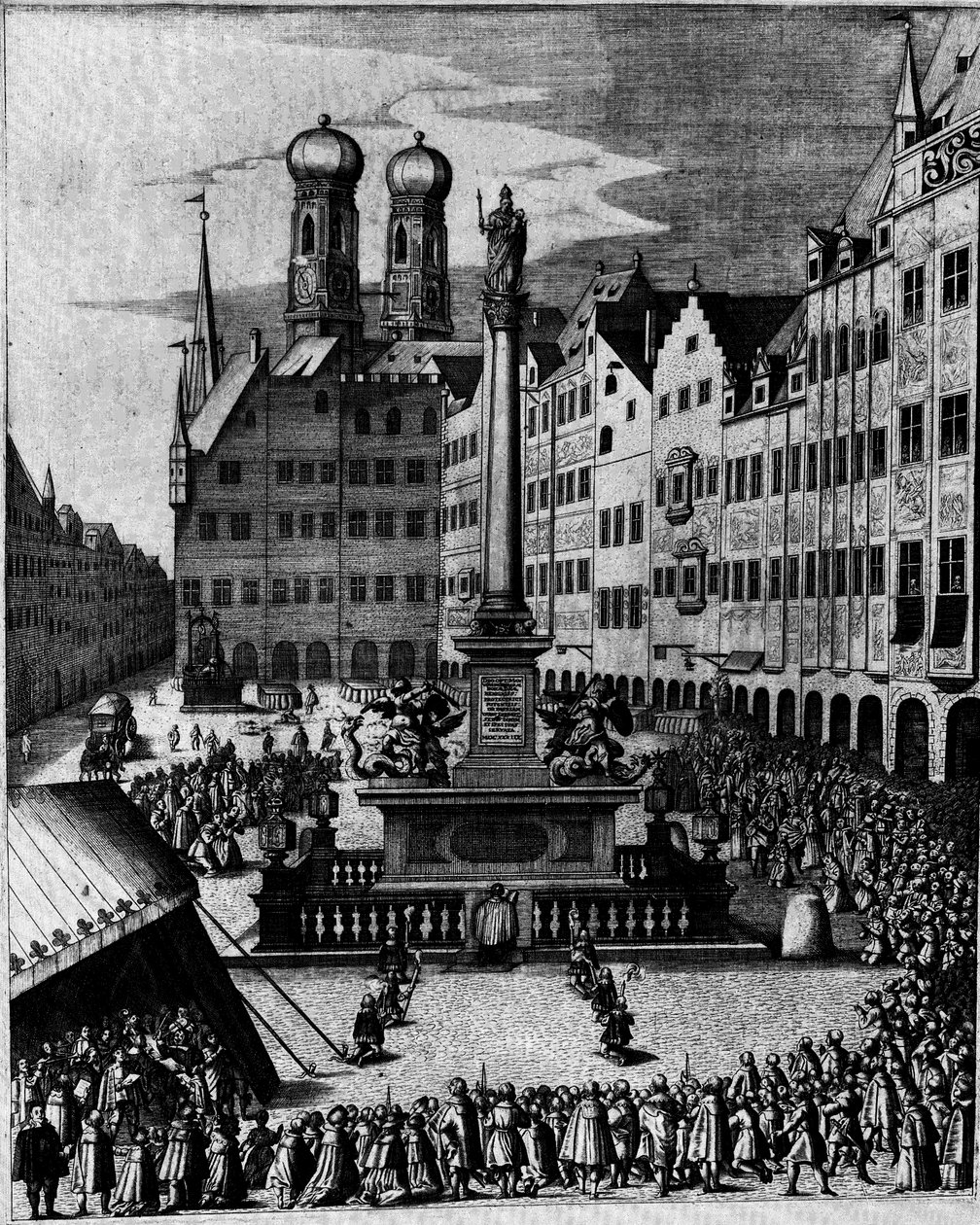 Katolikus mise a müncheni Marienplatzon, a Mária-oszlop körül, a Mária ellenreformációs kultusz szimbóluma alkotó: Bartholomäus Kilian
