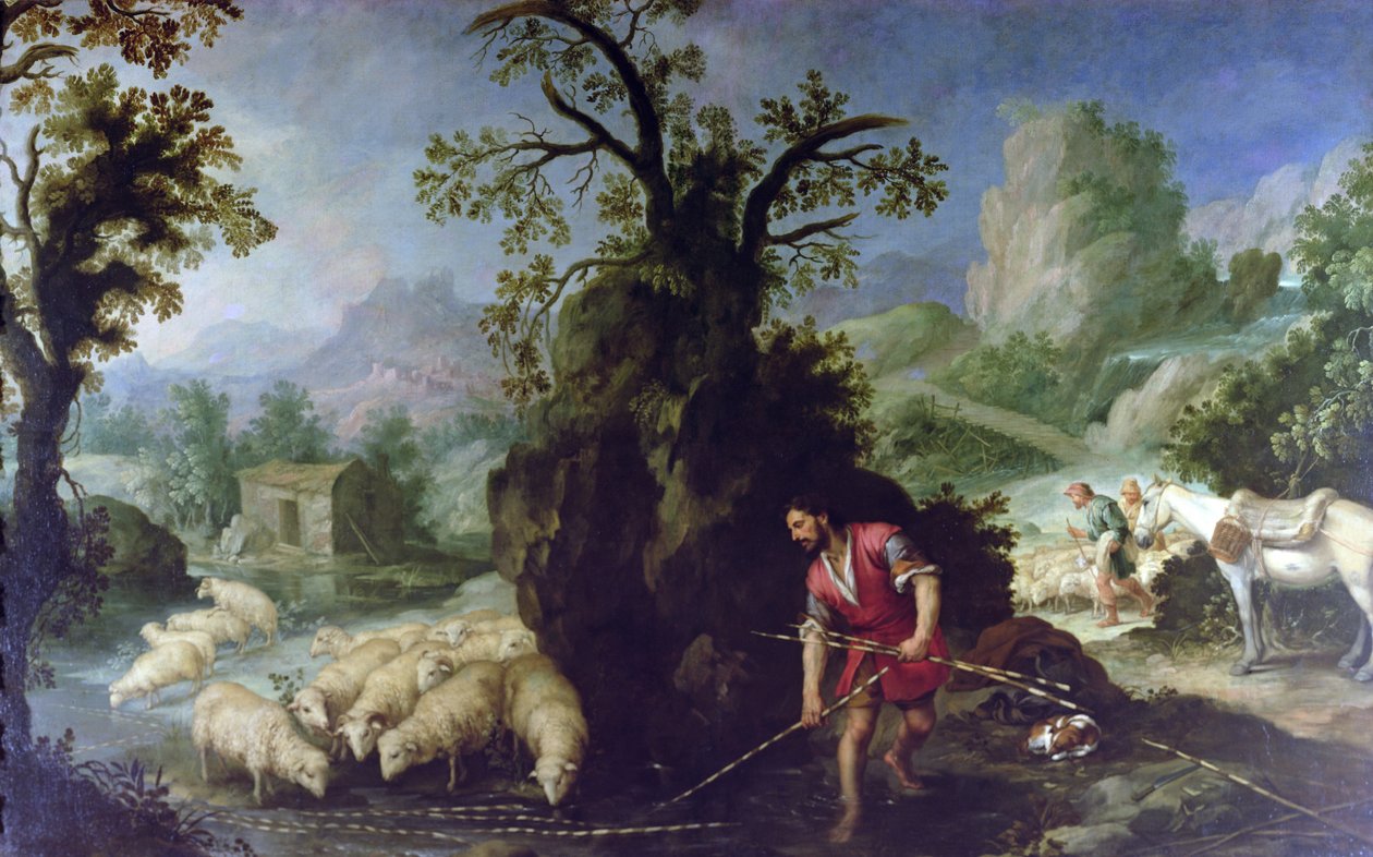Jákób a kihámozott rudakat Lábán nyájai elé állítja alkotó: Bartolomé Esteban Murillo