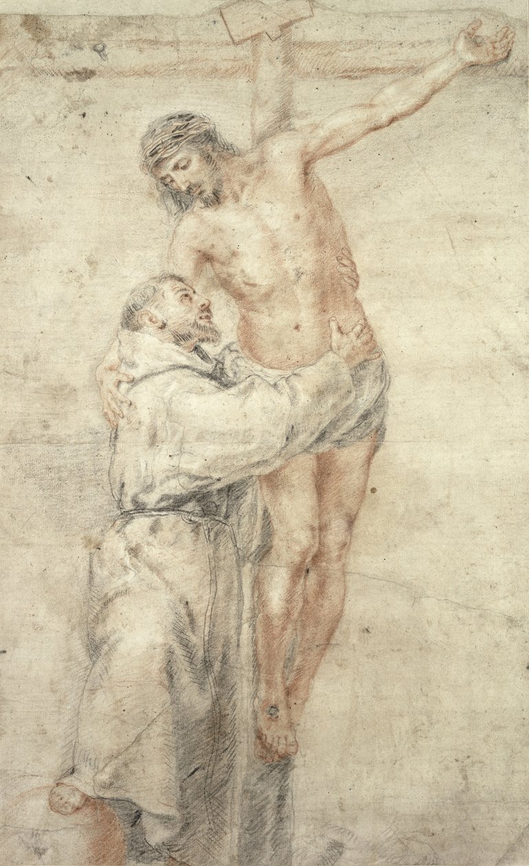 Szent Ferenc, aki elutasítja a világot és átöleli Krisztust (piros és fekete kréta papíron) alkotó: Bartolomé Esteban Murillo