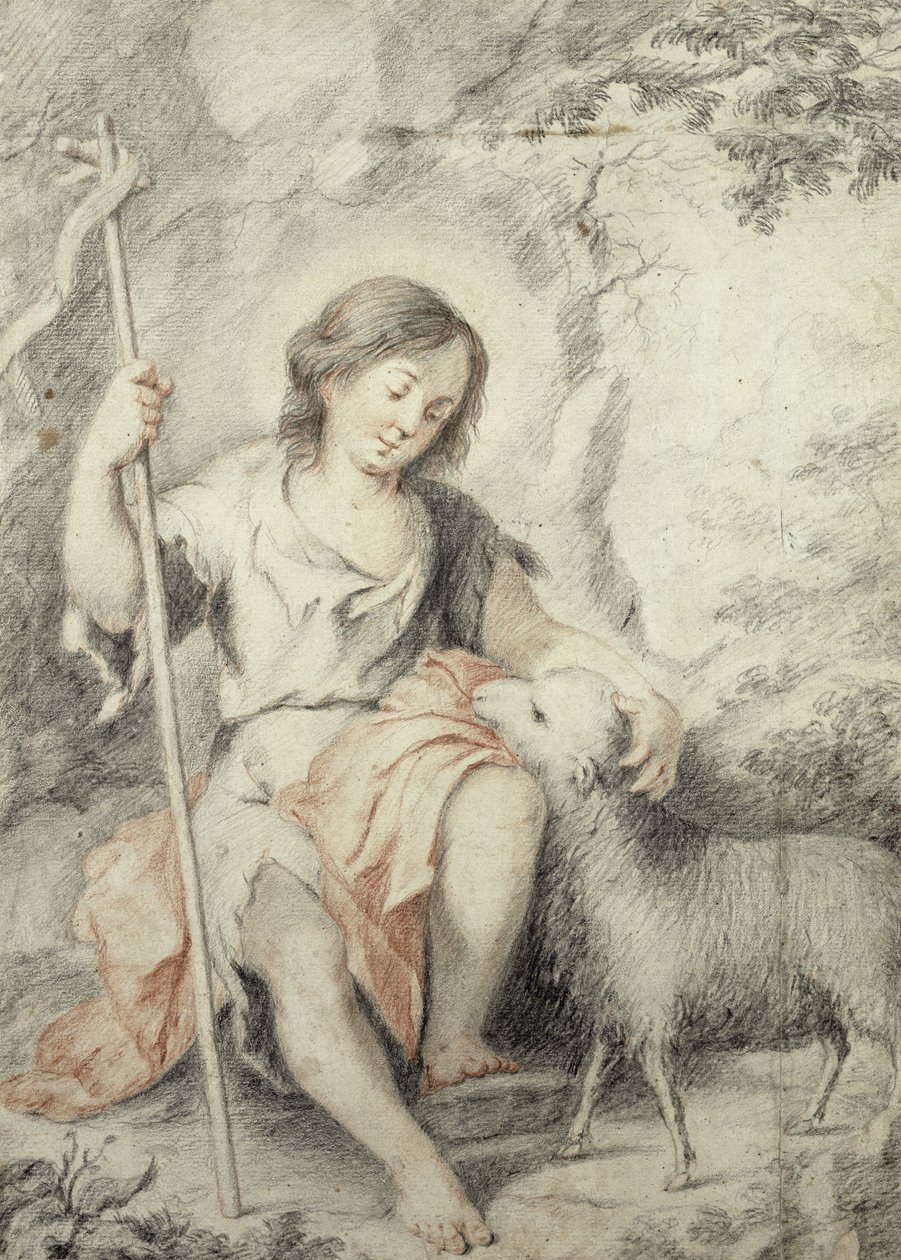 A fiatal Keresztelő János a báránnyal sziklás tájban (vörös és fekete kréta, papír) alkotó: Bartolomé Esteban Murillo