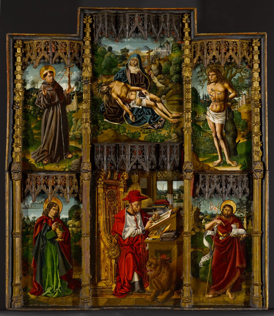 Hordozható oltárkép: Pietà, Szent Ferenc, Sebastian, János evangélista, Jeromos és Keresztelő János, 1500 körül alkotó: Bartolomé Bermejo