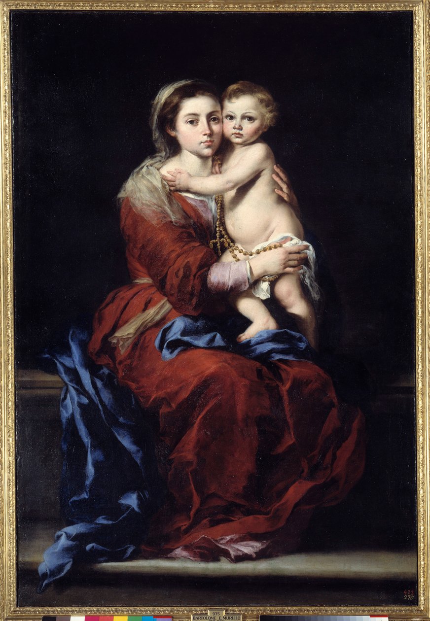 A rózsafüzér szűze. Madonnának megvan a gyereke. Bartolome Murillo (1618-1682) festménye alkotó: Bartolomé Esteban Murillo
