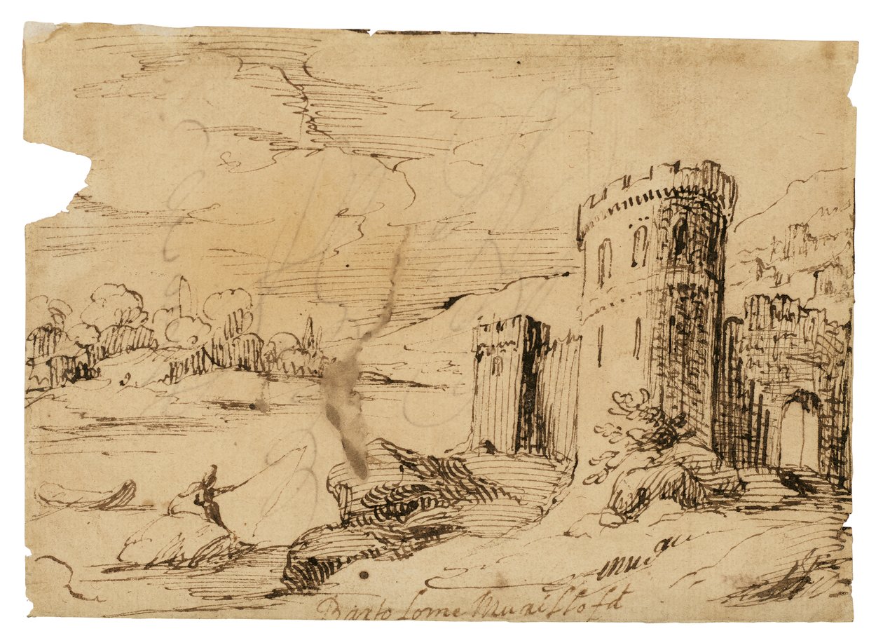 Folyói táj egy halászsal egy kastély közelében alkotó: Bartolomé Esteban Murillo