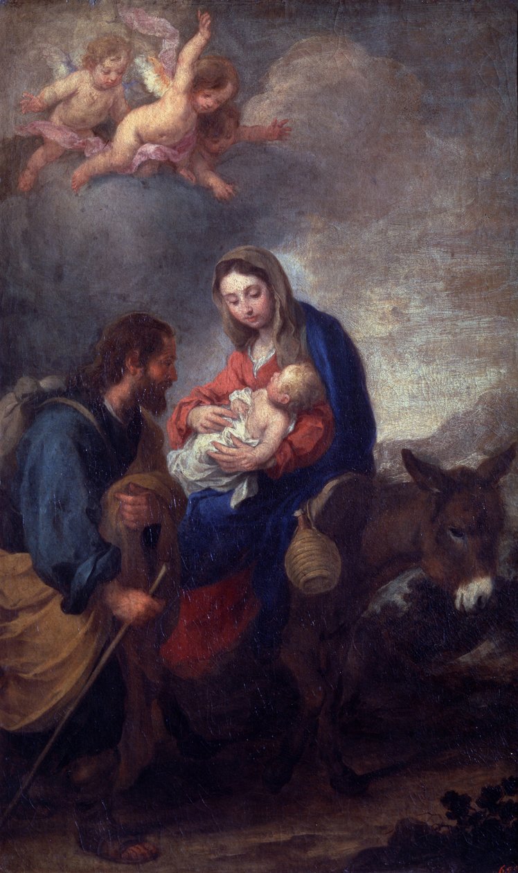 Pihenj az egyiptomi repülésen (olaj, vászon) alkotó: Bartolomé Esteban Murillo