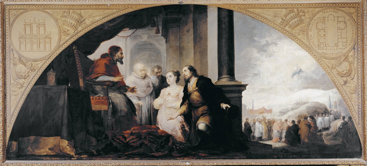 A Szent Mária Maggiore-bazilika alapítása. János patrícius és felesége felfedték a római Libere (Liberius) pápának (352-366 pápának) két egyházi kíséretében álmukat. Bartholomew Stephen Murillo (1617-1682) festménye. alkotó: Bartolomé Esteban Murillo