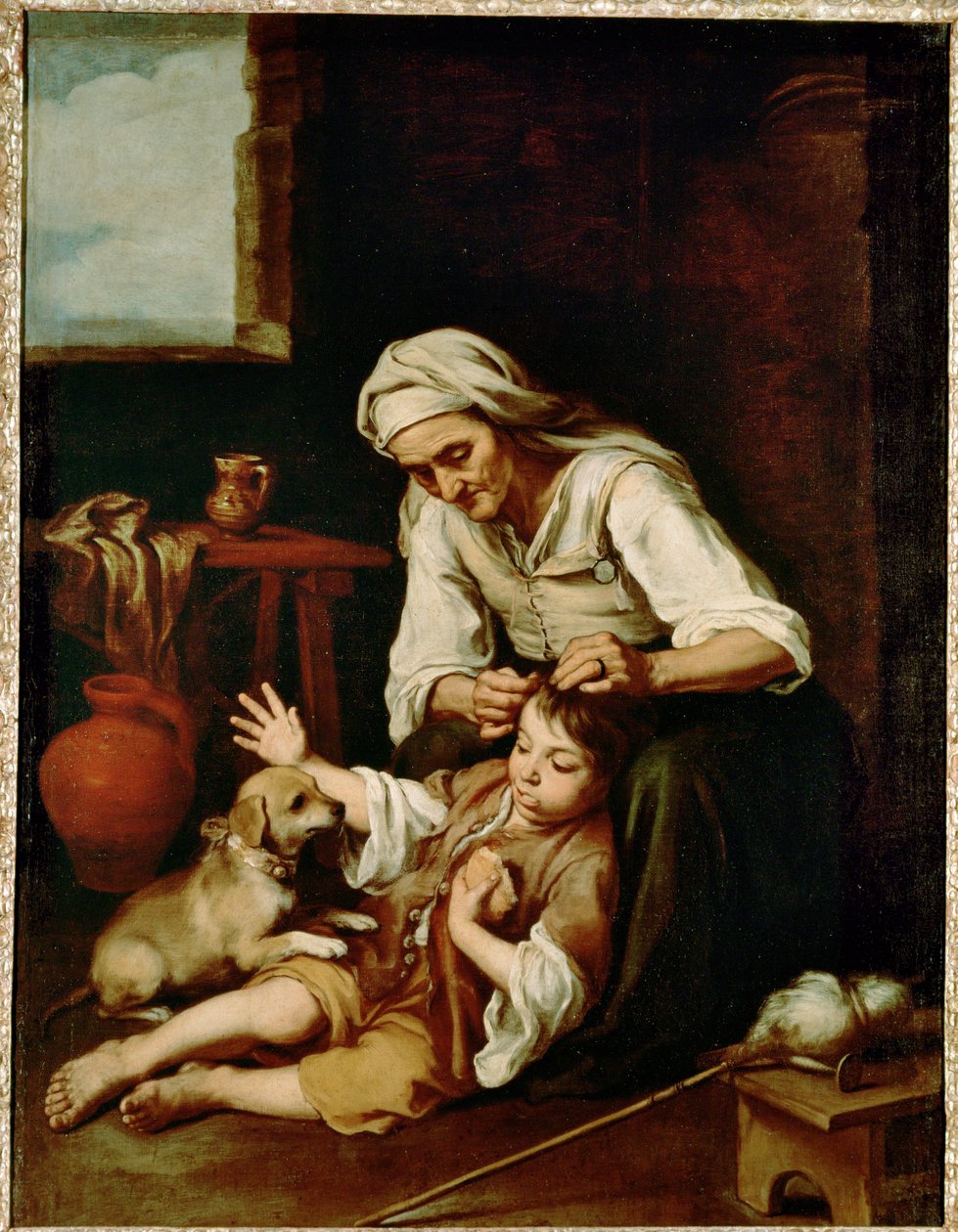 Vieja espulgando a un nino - öregasszony egy fiú haját tisztítja ... (festmény, vászon) alkotó: Bartolomé Esteban Murillo
