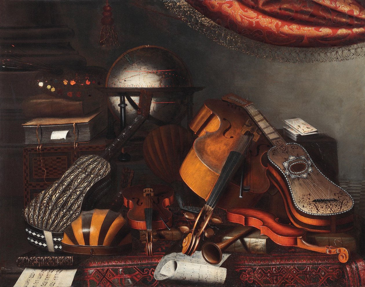 Hangszerek, földgömb, könyvek, kártyalapok és festői paletta alkotó: Bartolomeo Bettera