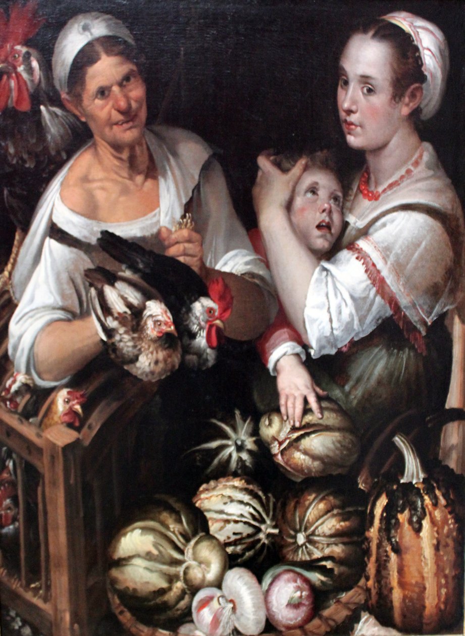 Két piaci nő és egy fiú baromfival és zöldségekkel alkotó: Bartolomeo Passarotti