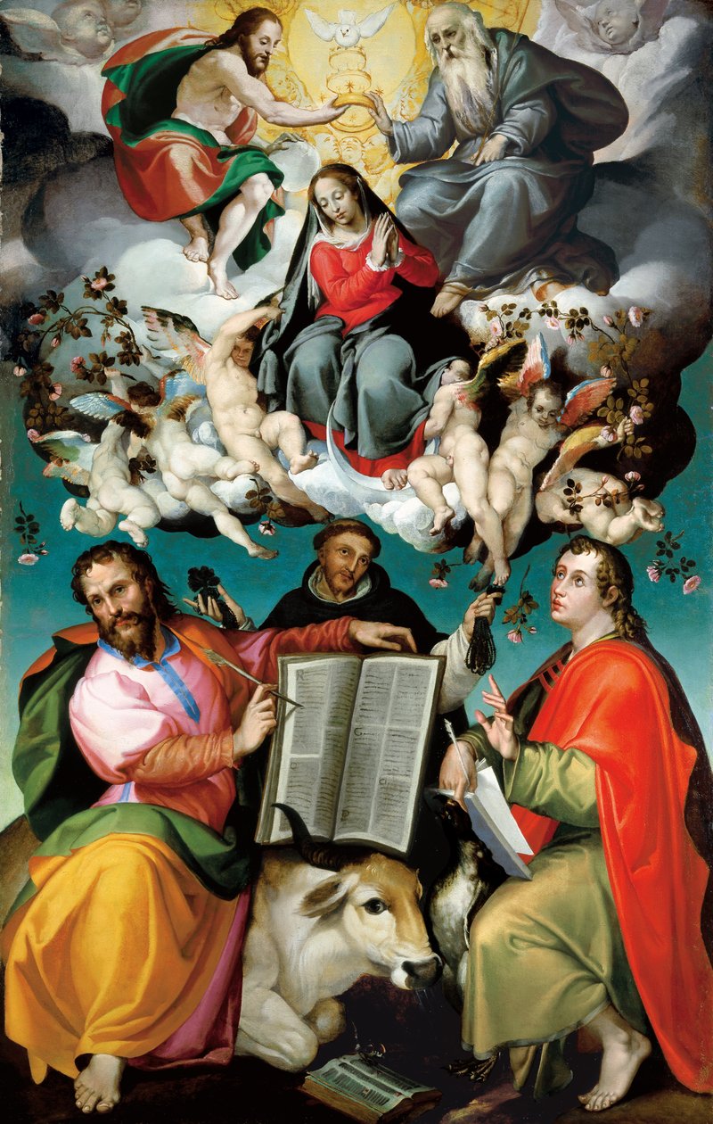 Szűz koronázása Szent Lukács, Domonkos és János evangélista szentjeivel alkotó: Bartolomeo Passarotti
