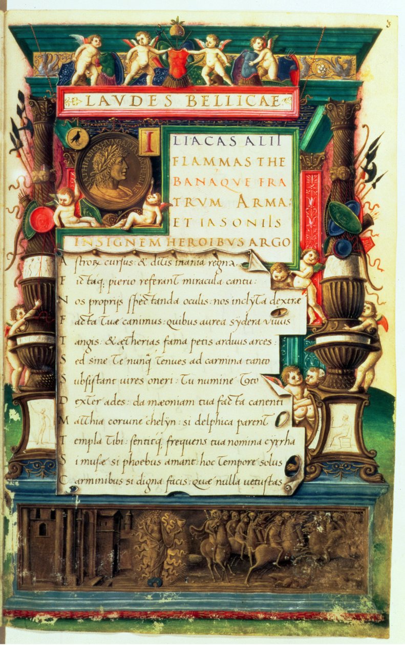 Ms 85.I.I.aug.2, f.3r Prezentációs kézirat Corvinus Mátyás számára, Alexander Cortesius Laudes Bellicae-jából, Róma, 1480-90 körül alkotó: Bartolomeo Sanvito