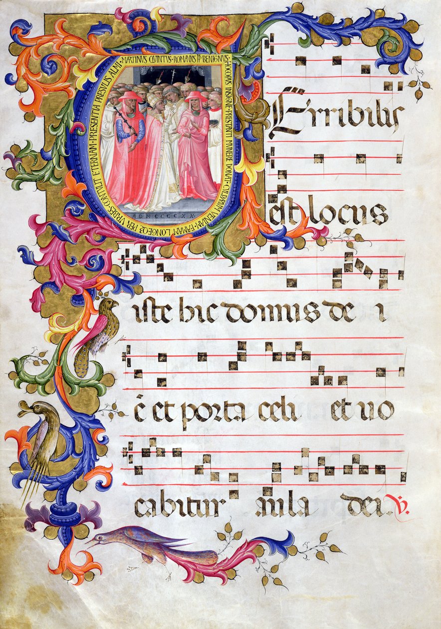 Ms 557 f.61v oldal történeti „U” kezdőbetűvel, amely V. Márton pápát (1368-1431) ábrázolja, amint felszenteli a Sant