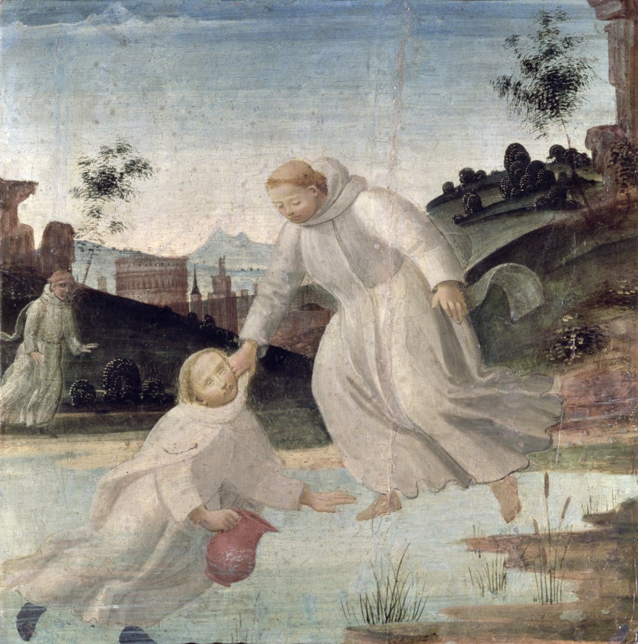 Jelenetek Szent Benedek életéből: Maurus Szent Benedek utasítására kihúzza Placidust a tóból, 1488 körül (panel) alkotó: Bartolomeo di Giovanni