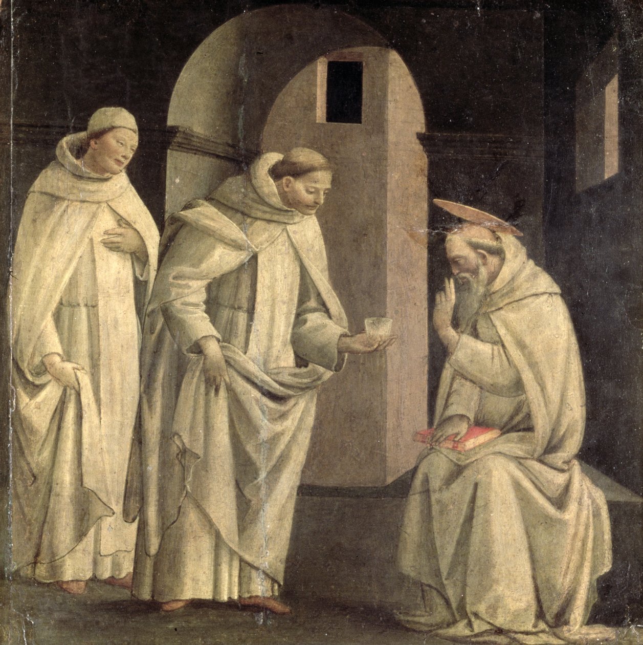 Jelenetek Szent Benedek életéből: Szent Benedek megáldja a széttörő méregpoharat, predella panel, 1488 körül (panel) alkotó: Bartolomeo di Giovanni
