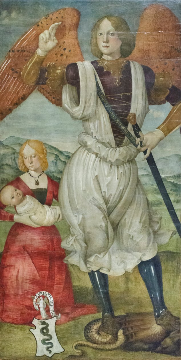 Szent Mihály arkangyal Teodora Viscontival és újszülött fiával, 1486-87 körül (tempera, tábla) alkotó: Bartolomeo (attr. to) Della Gatta
