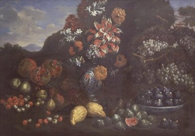 Virágok egy Maiolica kancsóban gyümölcsökkel a tájon alkotó: Bartolomeo Bimbi