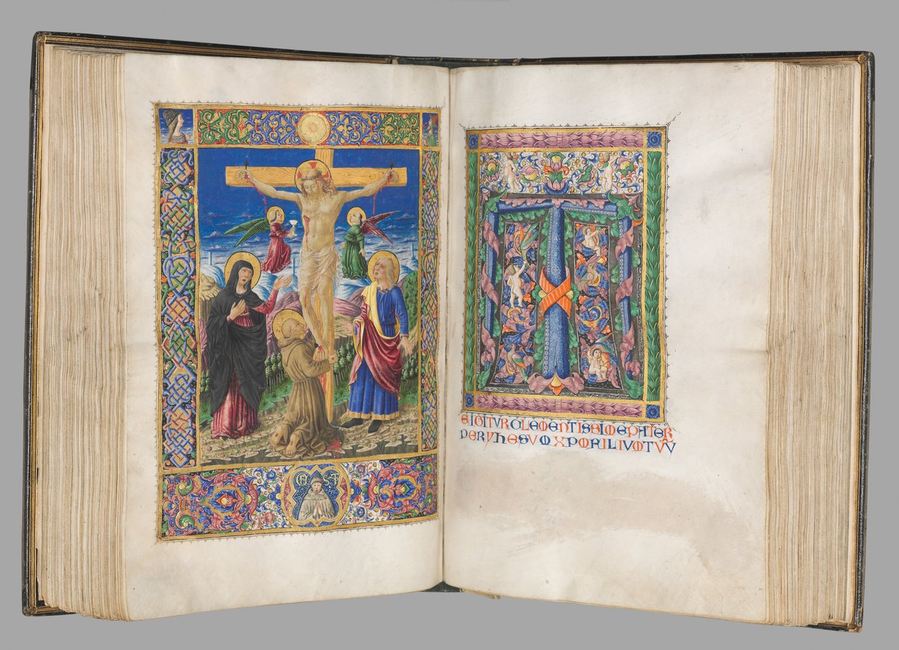 Missale: Fol. 185v: Keresztre feszítés szegéllyel teljes oldal, 1469. alkotó: Bartolomeo Caporali