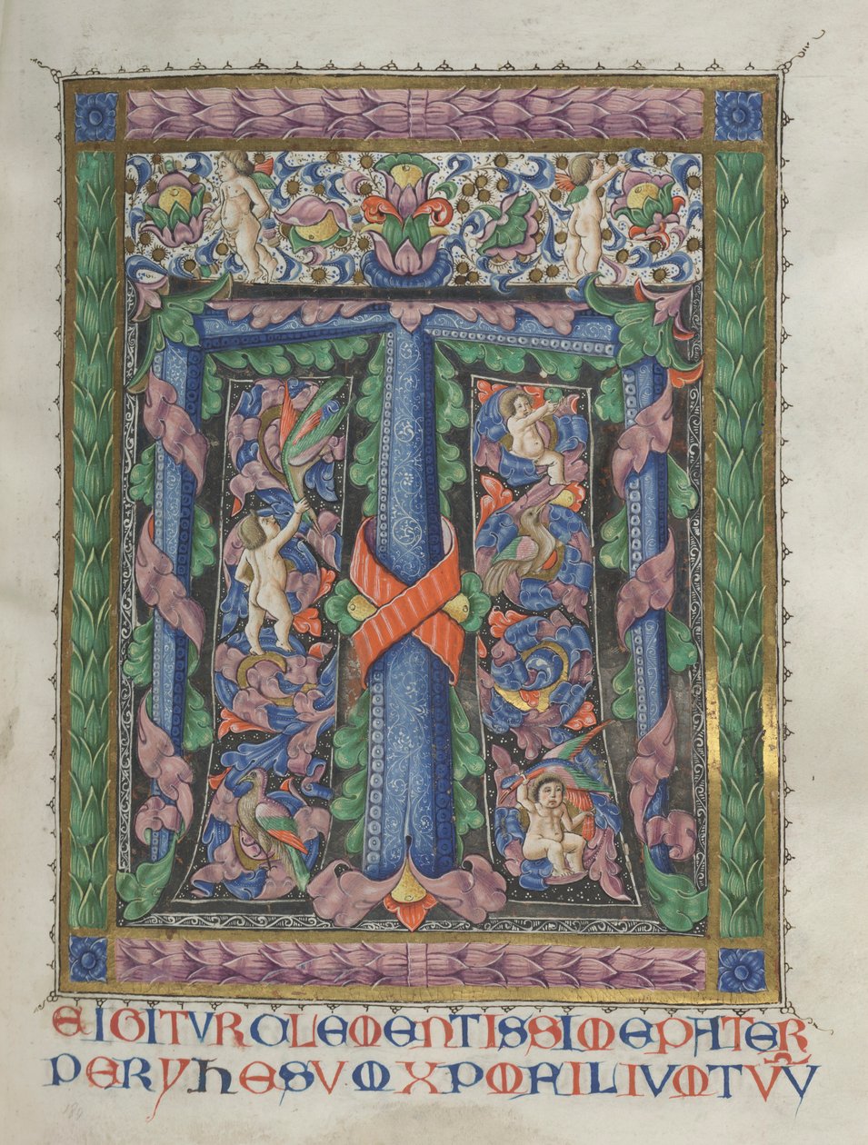 Missale: Fol. 186: Díszített Initial T[e igitur] teljes oldal, 1469. alkotó: Bartolomeo Caporali