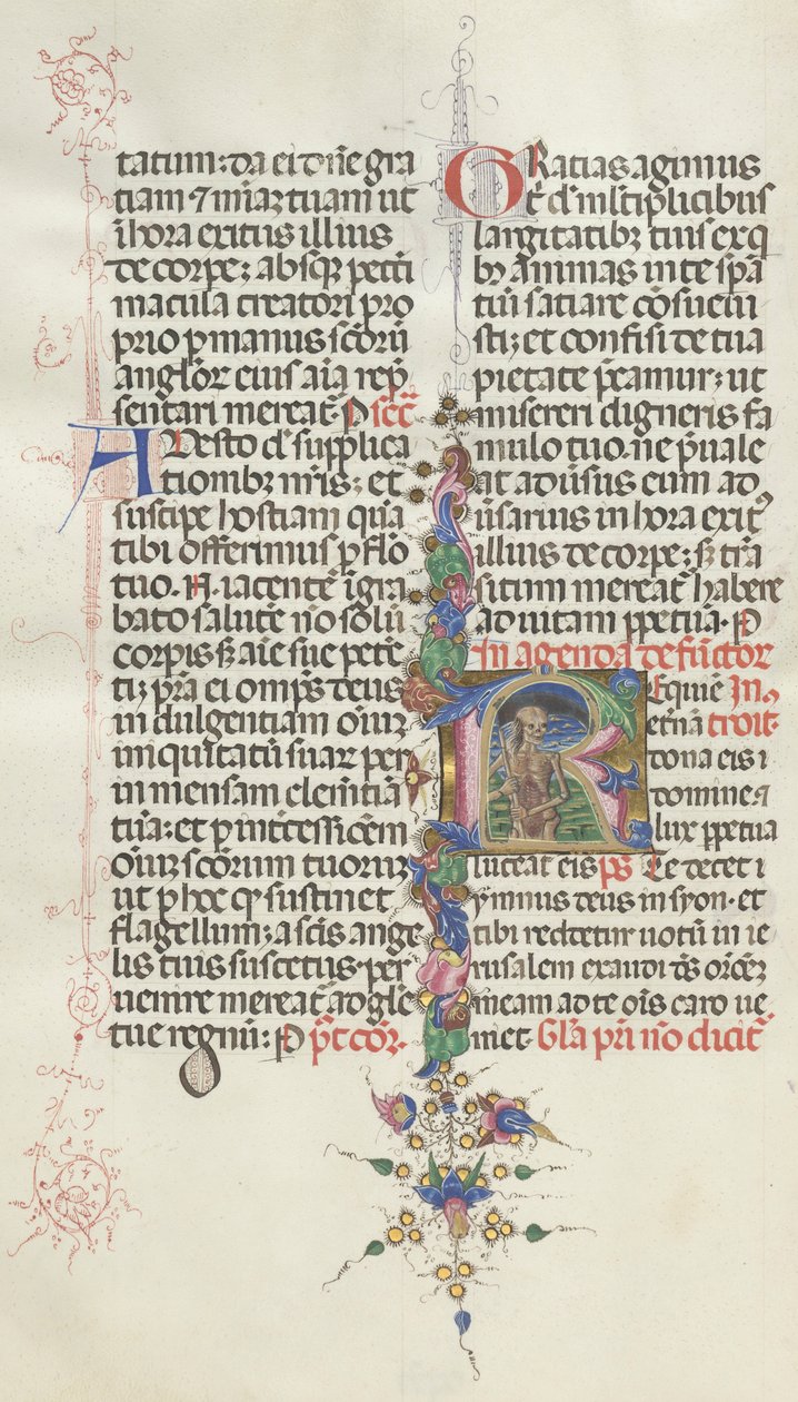 Missale: Fol. 387v: A halált sarlós csontvázként ábrázolják, 1469. alkotó: Bartolomeo Caporali