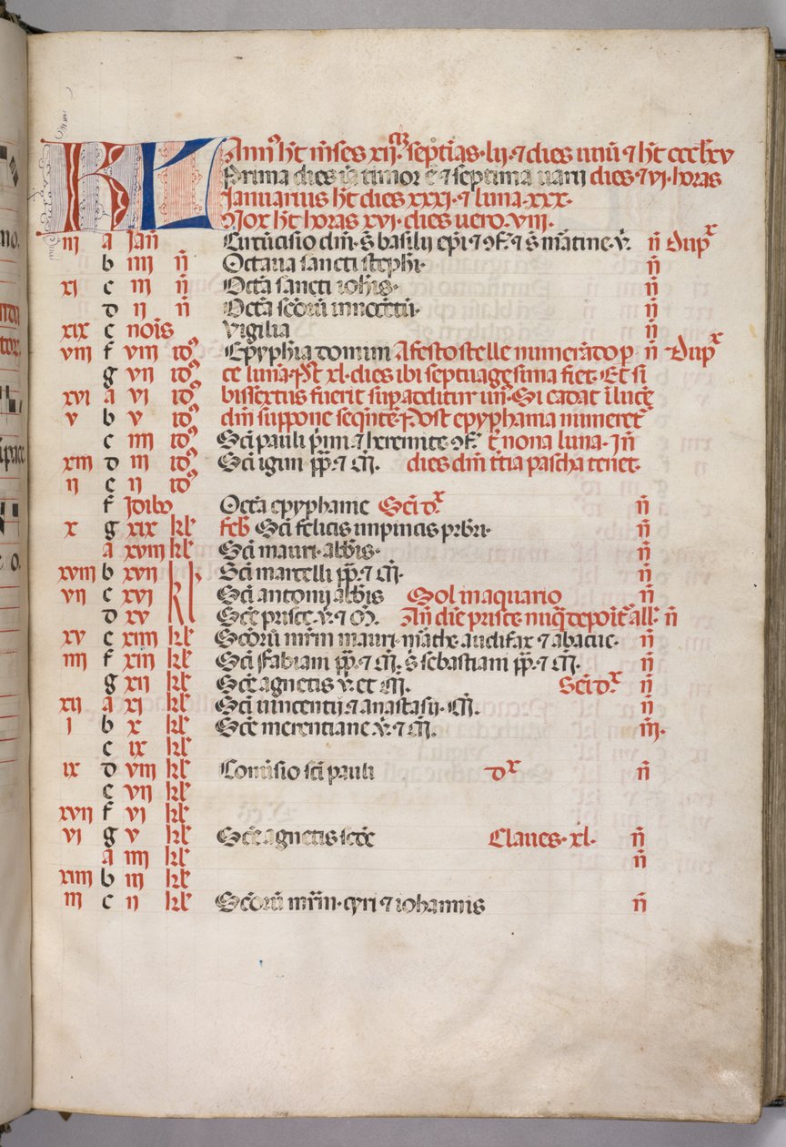 Missale: Fol. 3r: januári naptároldal, 1469. alkotó: Bartolomeo Caporali