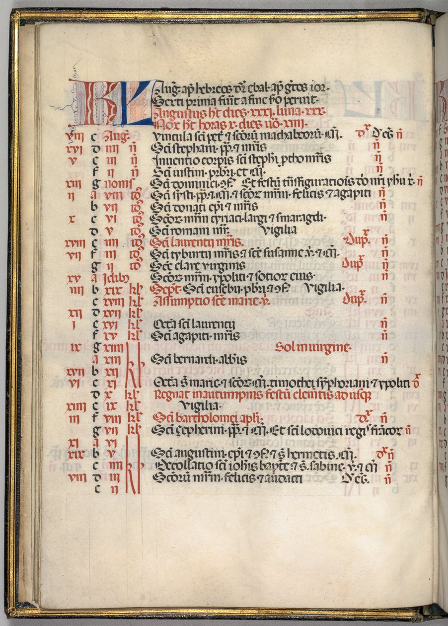 Missale: Fol. 6v: augusztusi naptároldal, 1469. alkotó: Bartolomeo Caporali