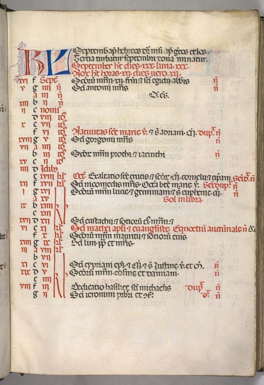 Missale: Fol. 7r: Szeptemberi naptároldal, 1469. alkotó: Bartolomeo Caporali