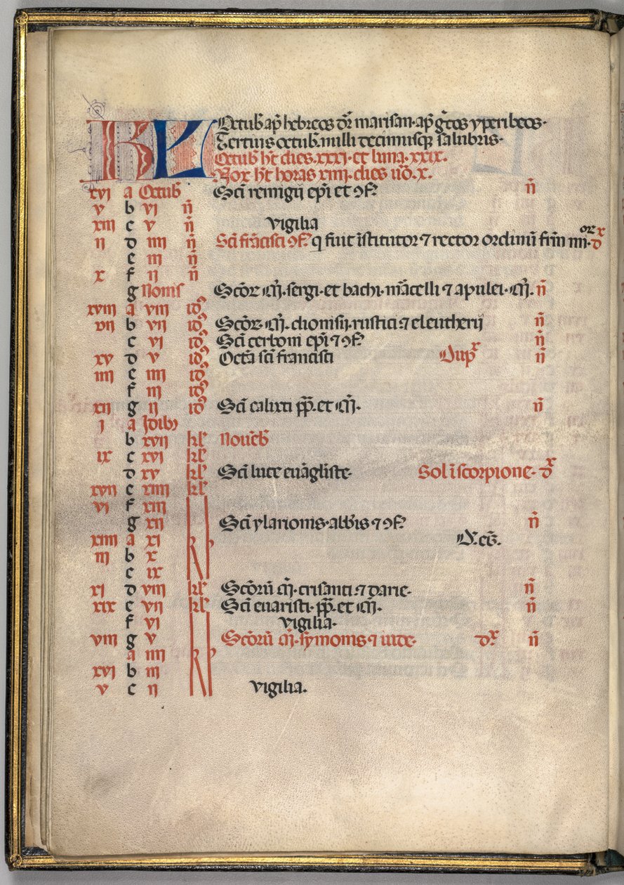 Missale: Fol. 7v: októberi naptároldal, 1469. alkotó: Bartolomeo Caporali