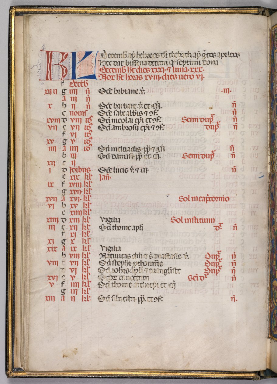 Missale: Fol. 8v: Decemberi naptároldal, 1469. alkotó: Bartolomeo Caporali