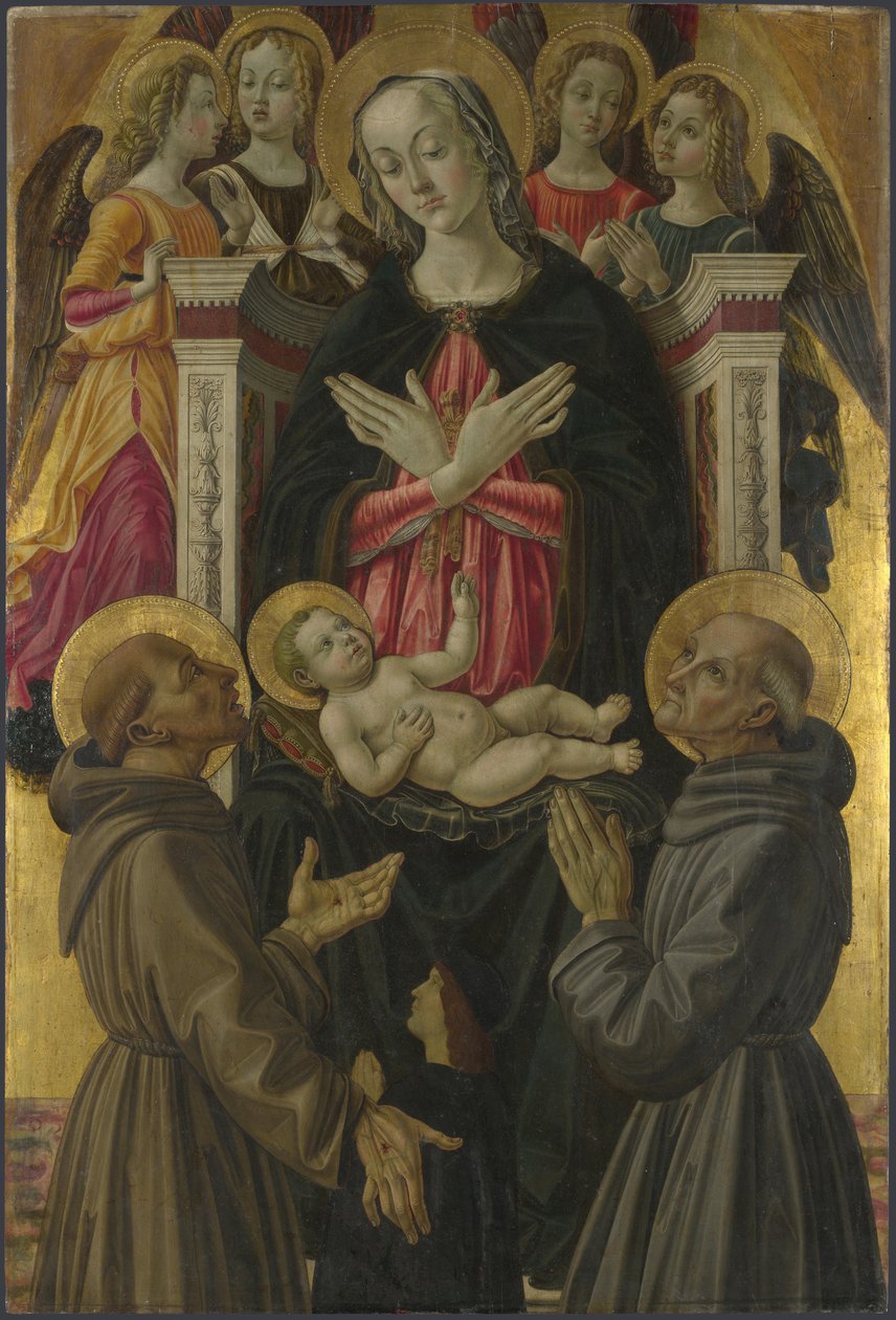 Szűz és gyermek szentekkel, angyalokkal és adományozóval az oltárképről: Szűz és gyermek a szentekkel, 1475 körül alkotó: Bartolomeo Caporali