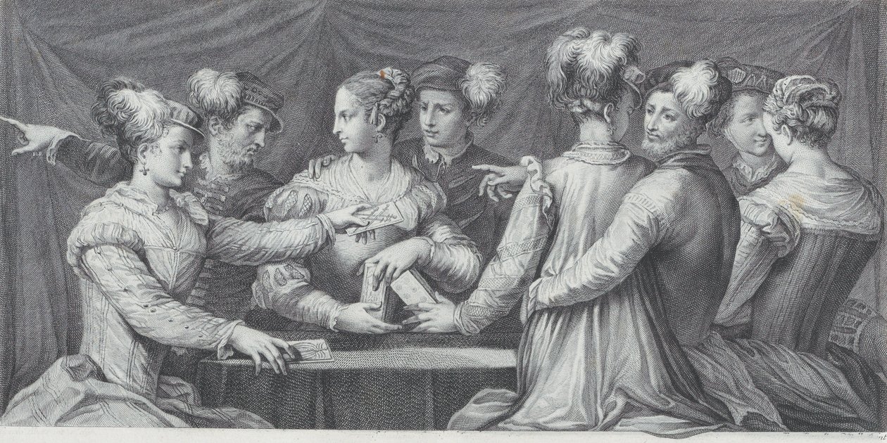 Elegánsan öltözött, kártyázó emberek csoportja, 1740-68 alkotó: Bartolomeo Crivellari