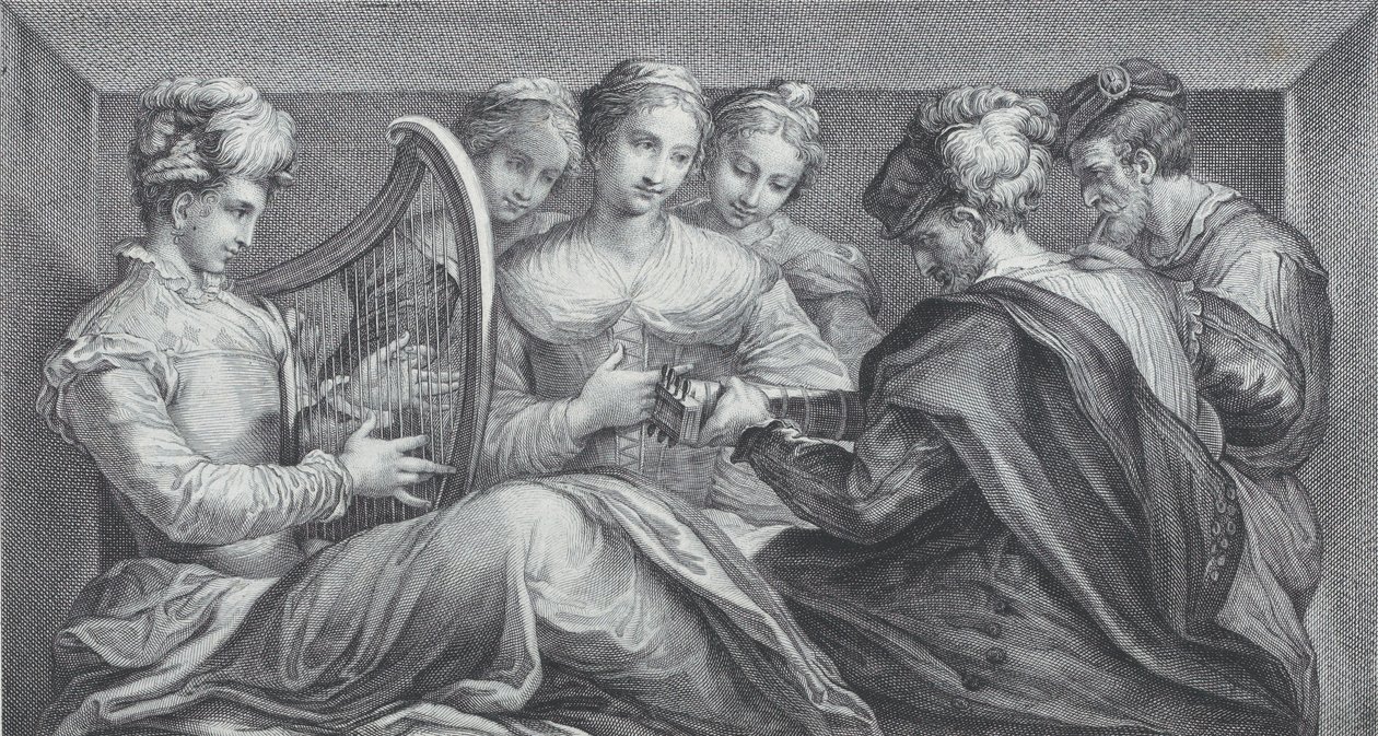 Elegánsan öltözött emberek csoportja, akik hárfán és gitáron játszanak, 1740-68 alkotó: Bartolomeo Crivellari
