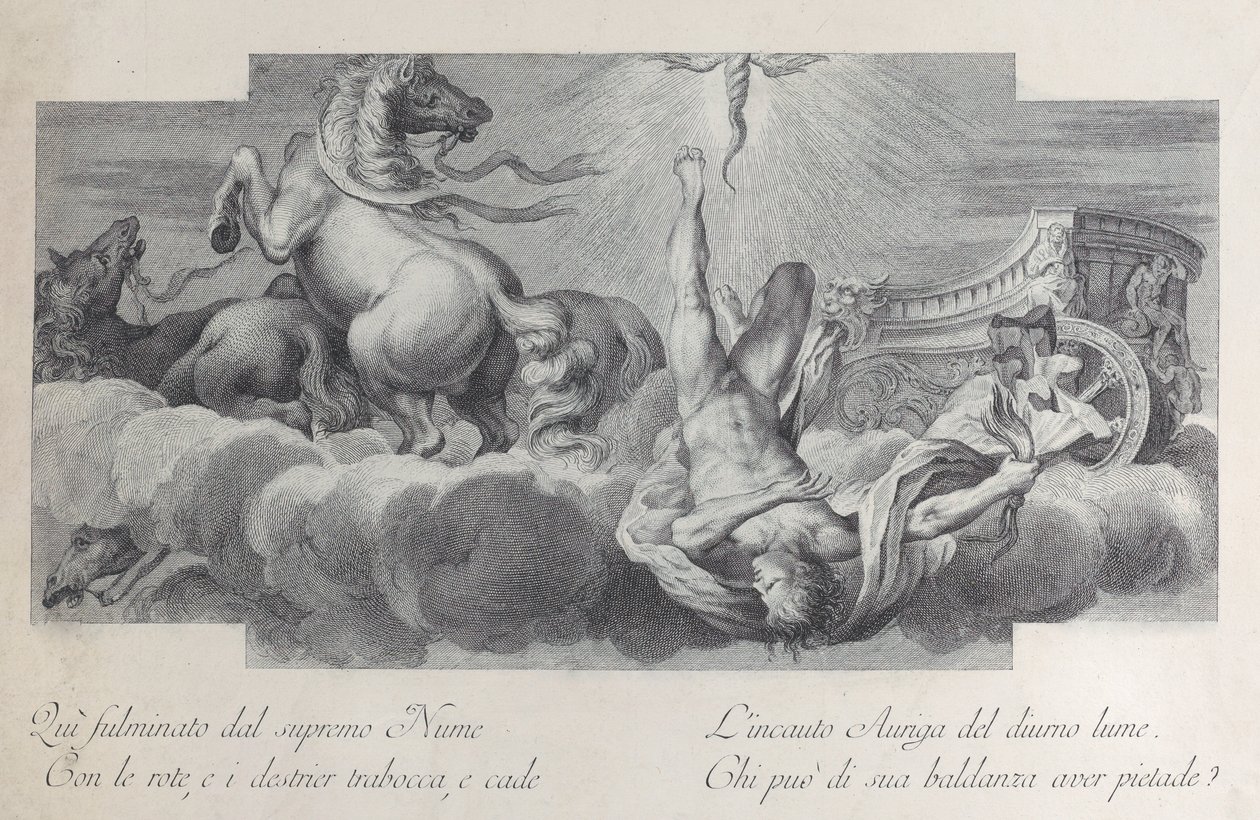 34. tábla: Auriga, a szekér, középen leesik a szekérről, három lóval a..., 1756 alkotó: Bartolomeo Crivellari