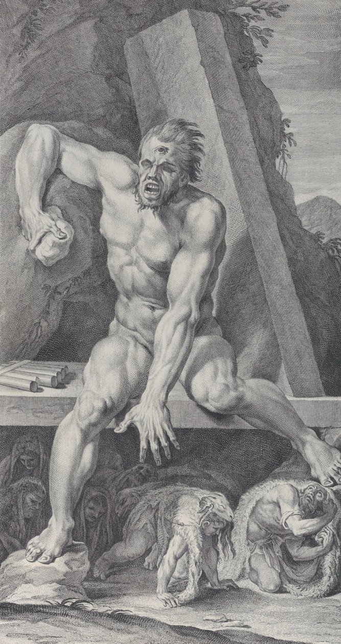 7. tábla: a megvakult Polyphemus, aki barlangja bejáratát őrzi, Ulyssesszel és..., 1756 alkotó: Bartolomeo Crivellari