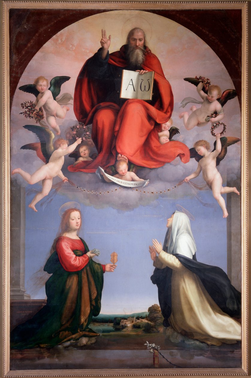Isten egy könyvet tart a kezében, amelyre az Alfa és az Omega betűk vannak írva (festmény alkotó: Bartolomeo Fra