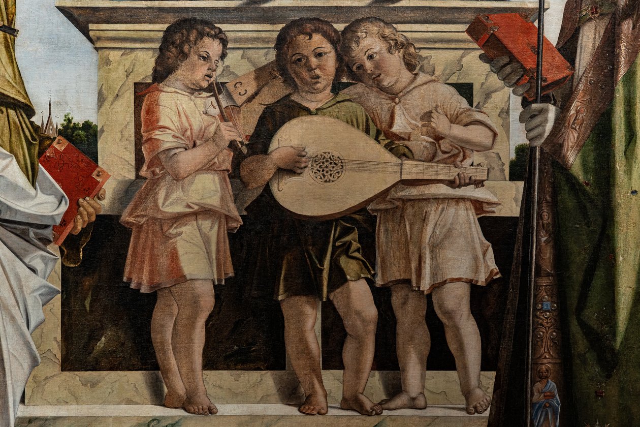 A szentek között trónoló Madonna kisded Jézussal, részlet alkotó: Bartolomeo Montagna