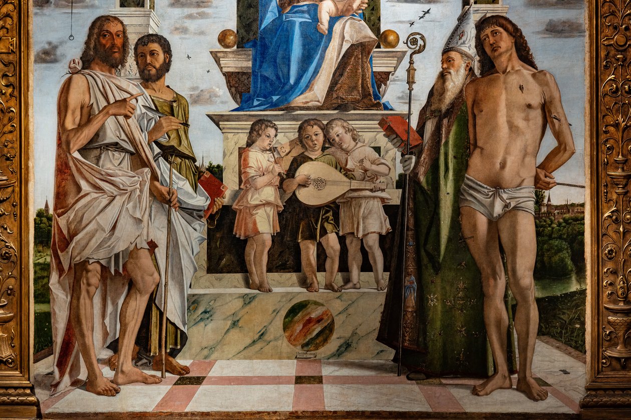 A szentek között trónoló Madonna kisded Jézussal, részlet alkotó: Bartolomeo Montagna