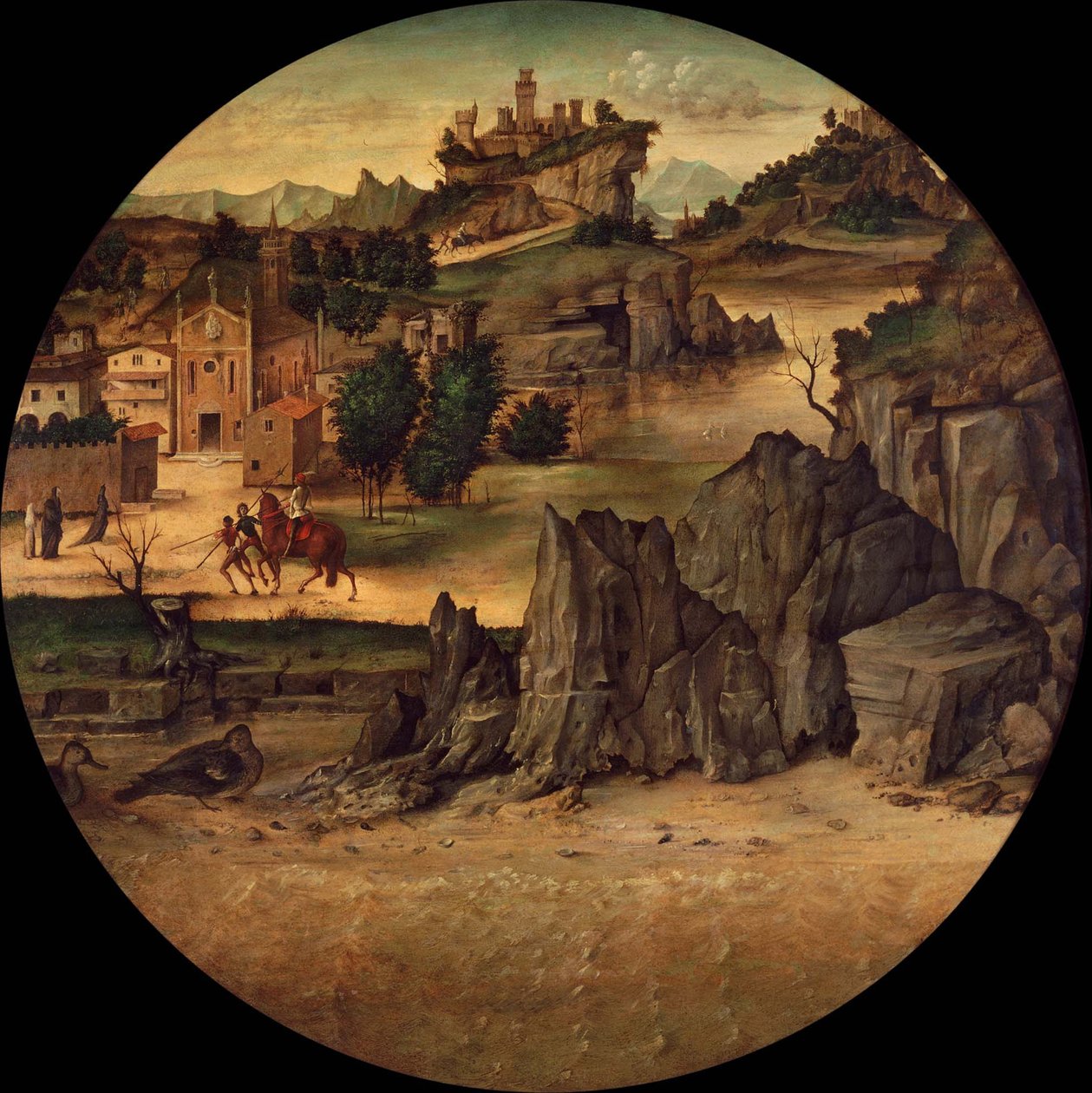 Táj kastélyokkal, 15. század vége. alkotó: Bartolomeo Montagna
