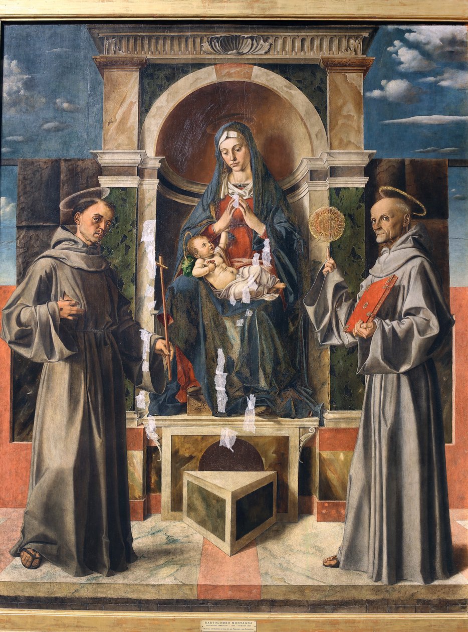 Madonna és gyermeke Szent Ferenc és Sienai Szent Bernardino között trónol, 1490 körül alkotó: Bartolomeo Montagna