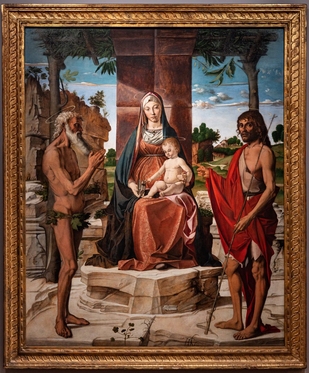 Madonna kis Jézussal egy lugas alatt Keresztelő Szent János és Onuphriusz között 1485-86 (olaj, tábla) alkotó: Bartolomeo Montagna